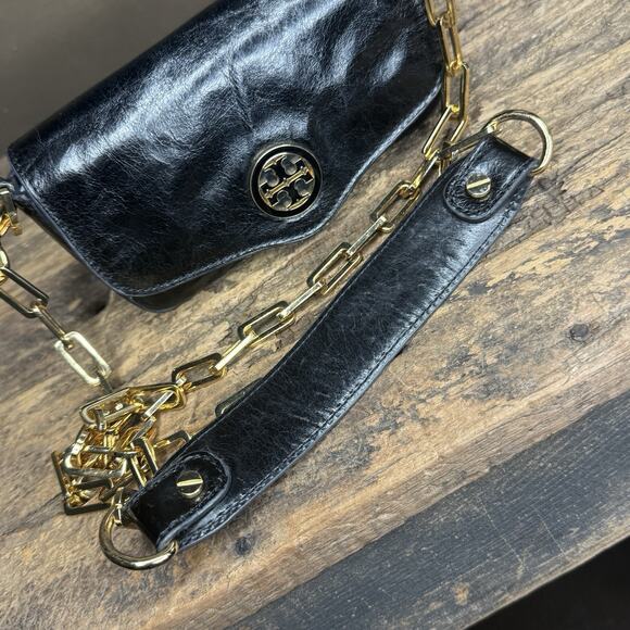Tory Birch Amanda Black Mini Clutch Crossbody Gold Chain Removable Strap Leather - Picture 8 of 16